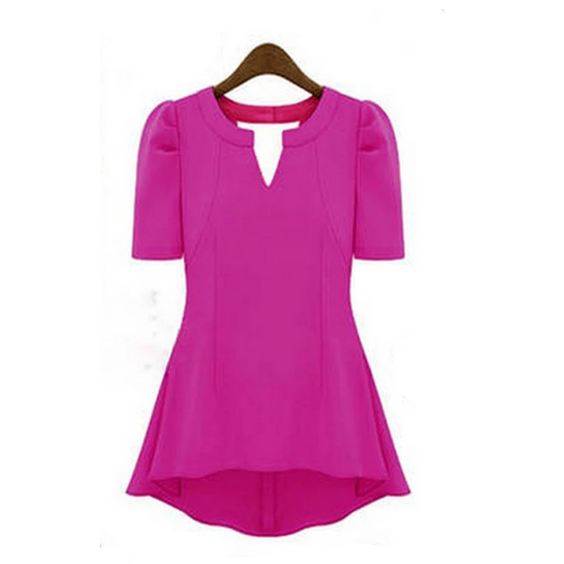 2015 Summer Women Chiffon Blouse Short Sleeve V-neck Shirt Casual Top Office Lady Clothing Candy Color Women's Blusas Plus Size