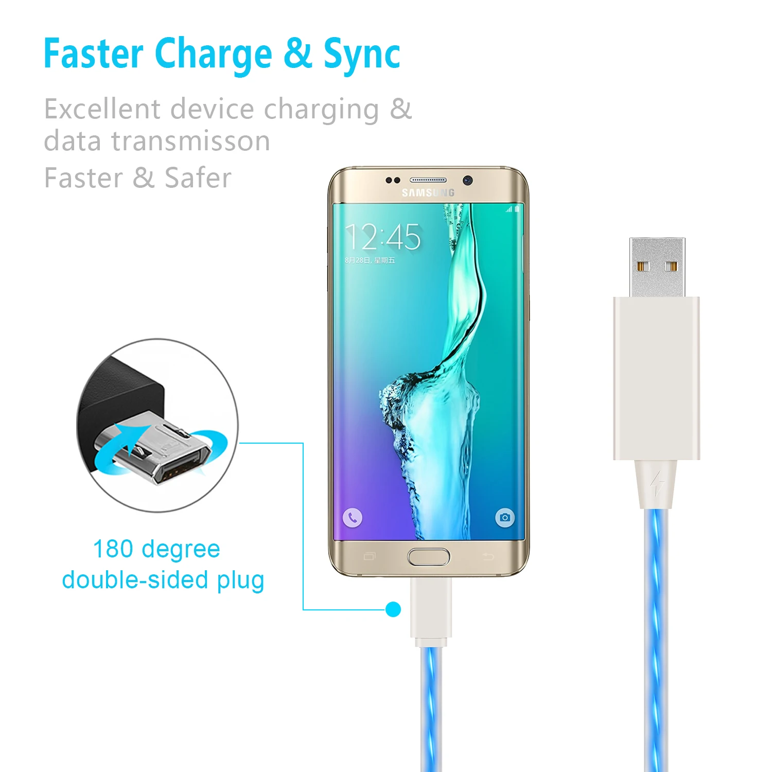 White Visible Flow Led EL Light Micro Usb Sync Data Charge Cable for Android - ANKUX.COM