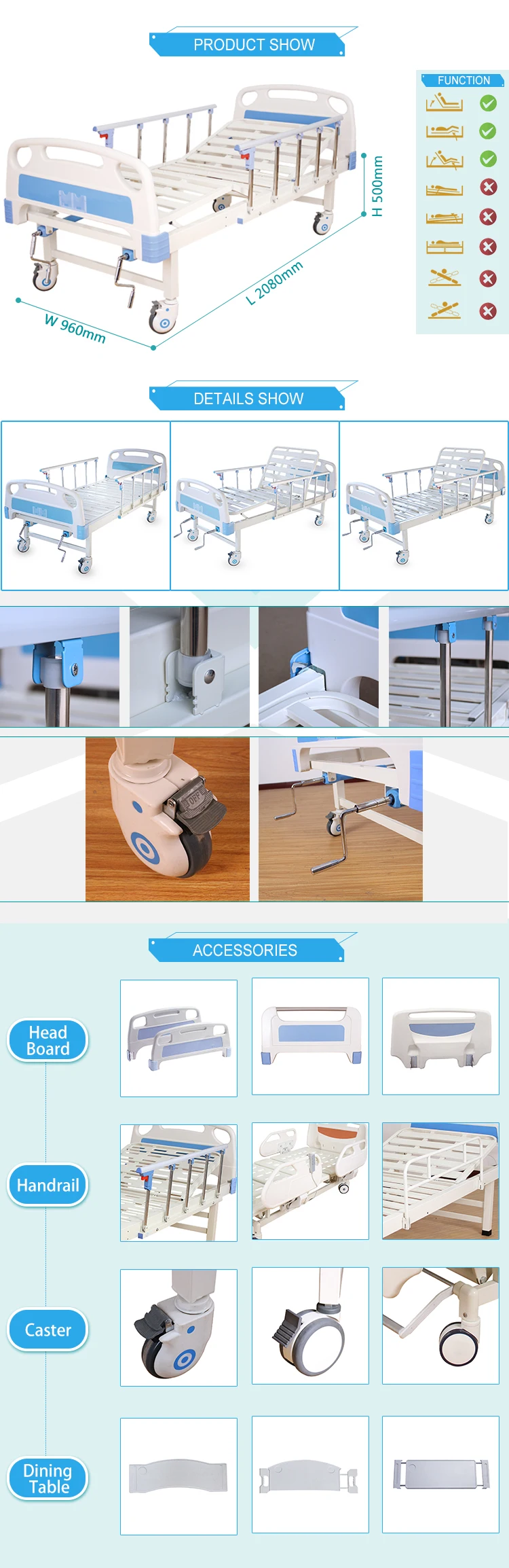 2 hand crank medical hospital bed