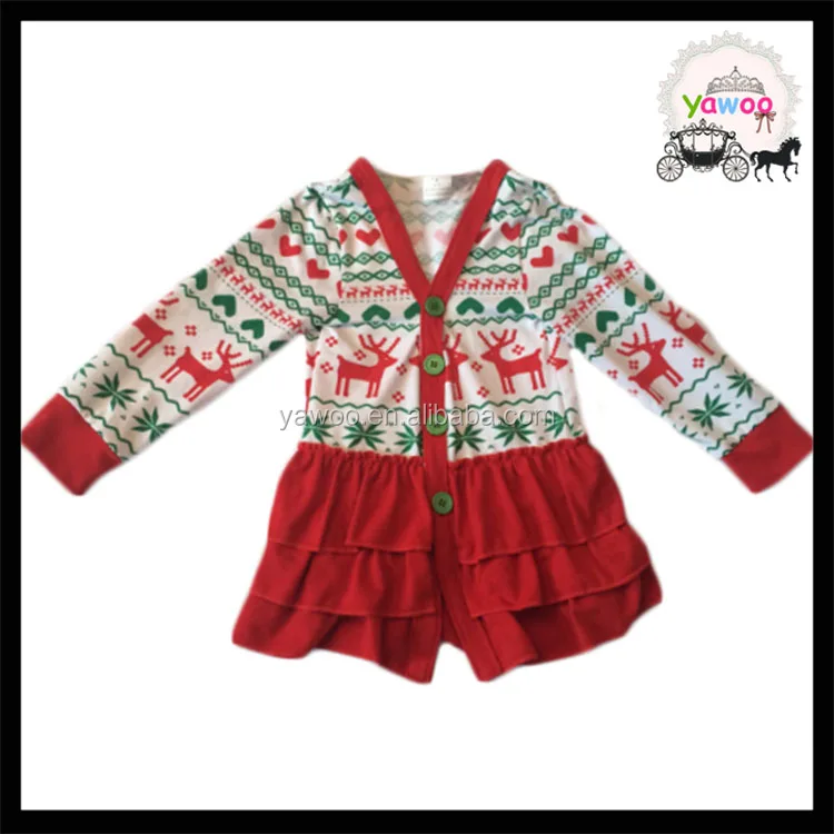 2016 yawoo red and green deer patterns ruffle skirt top baby girls christmas cardigan
