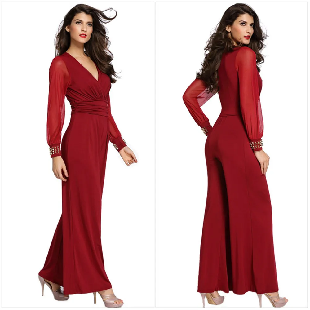 Sexy Deep V-neck Embellished Cuffs Jumpsuit 2018 Spring Party Mesh Sleeves Loose Club Pant Long Black Rompers Womens Jumpsuit (8)