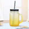 Hot Sale Good Quality Frosted Gradient Glass Mason Jars Glass Drinking Cup with Handle and Straw
