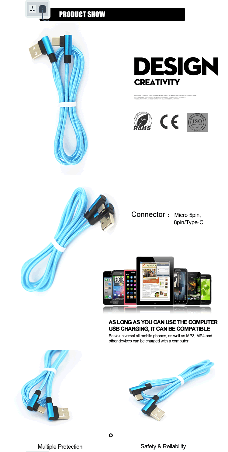 90 Degree right angle Aluminum alloy shell blue nylon braided Type C Usb Charging Cable data transfer usb-c type data cable