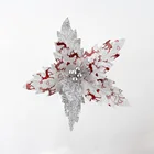 Sliver and white Deer printed art burlap poinsettia flowers for Christmas decor wholesale#89036