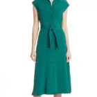 Cap sleeve matching sash 100% pure silk shirt dress designer