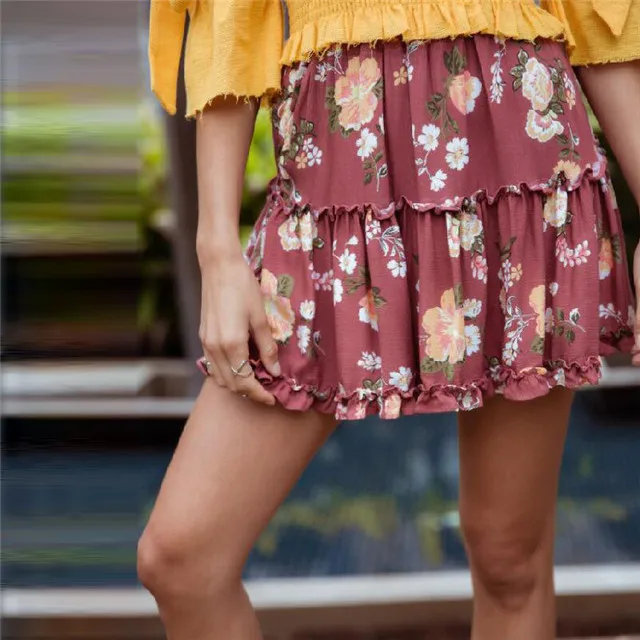 Women S Boho Floral Print Mini Skirt Elastic Waist Tiered Ruffle Short