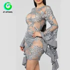 2019 New Summer Women Sexy Grey Long Sleeve Hollow Out Midi Club Dresses Evening Party Dress Lace Bandage Dress