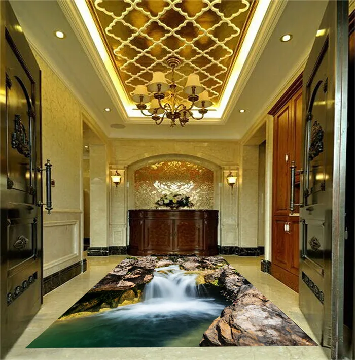 Natural Scenery Epoxy Floor Sticker Waterfall And Stone Design Hd