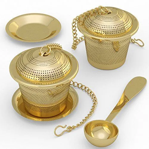 Gold Plated 304 Stainless Steel Tea Filter Basket Chain Link Tea Infuser Strainer with Tray
Gold Plated 304 Stainless Steel Tea Filter Basket Chain Link Tea Infuser Strainer with Tray