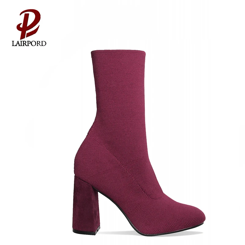 High quality 2018 Chengdu factory Latest design new popular Thick heel knitting woollen ankle boots women hot sale
