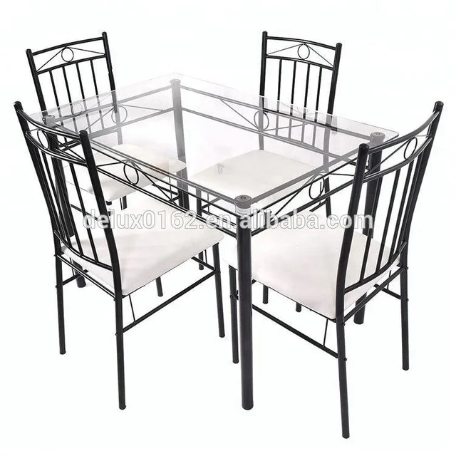 NEW 5 Piece Dining Set Glass Metal Table and 4 Chairs Kitchen Breakfast Furniture