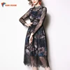 Custom Women Clothes Hot Selling New Fashion Design Sexy Stand Collar Long Sleeve Elegant Latest Midi High-end Lace Casual Dress
