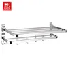 Modern 304 Stainless Steel bathroom shelves SUS304 double layer folding bath towel rack clothes rack with 5 movable clothe hooks