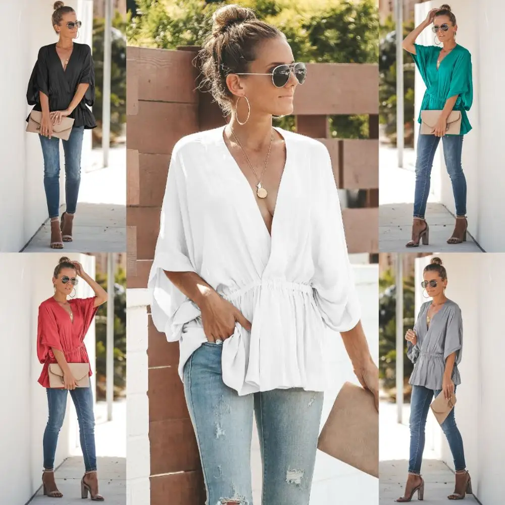 Women Casual Shirt Fashion Womens Casual Solid Blouse V-Neck Half Sleeve Bat Loose Tops Chemise
Women Casual Shirt Fashion Womens Casual Solid Blouse V-Neck Half Sleeve Bat Loose Tops Chemise