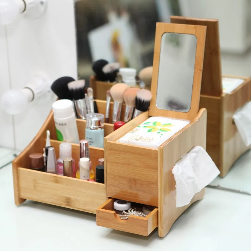 bamboo makeup organizer with mirror