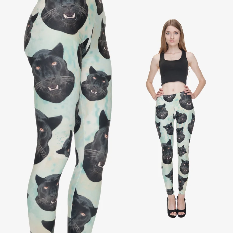 2015 New Arrival Fashion 3D Lght Green with Black Panther Heads Women Funny Animal Dog Leggings Pants Plus Size Leggings