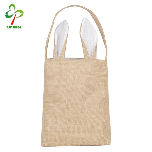 New Fashion Easter Shop Decoration Bag with Bunny Ears Design, Dual Layer burlap Jute Cloth Tote Bag Carrying Eggs Gifts