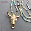 NM4321 Fashion Latest Design Resin Charm Gold Full Electroplated Frosted Amazonite Beads Handmade Cattle Skull Necklace