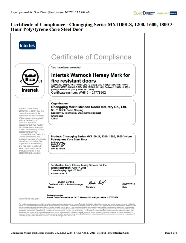 WH CERTIFICATION FOR DOORS