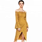Ladies New Model Lace Bell Sleeve Split Sexy Tight Yellow Woman Dress