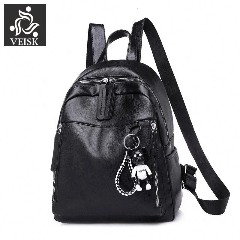

Black Soft Pu Leather Women Backpack Female School Bags For Girl Teenagers Solid Bagpack Korean Fashion Bear Pendant