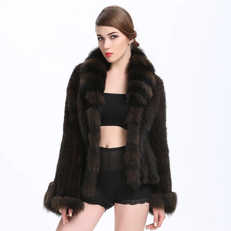 Knitted Mink Fur Coat Brand Women's Coats Natural Warm Fashion fur Parka Fox Collar Fashion Belts Knitted Mink Fur Coat S-2XL