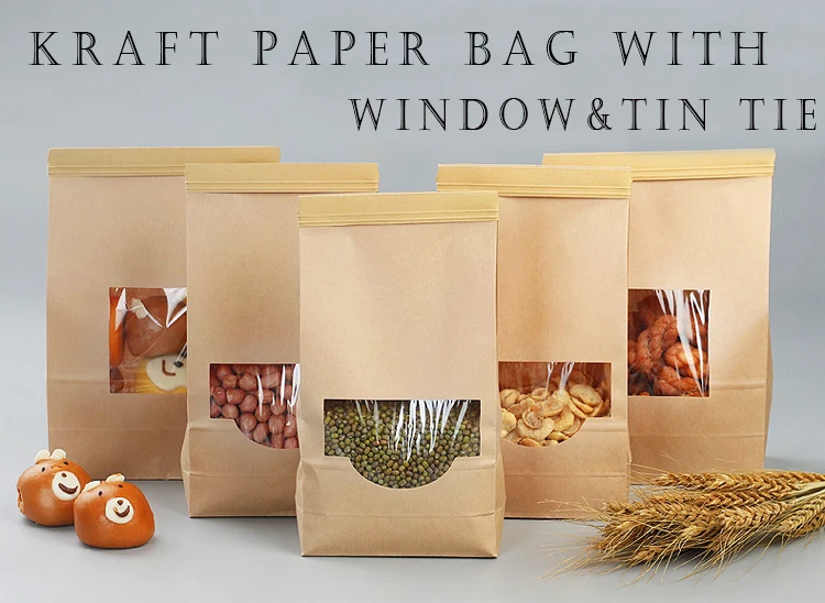 eco-friendly tin tie reusable brown kraft paper bag with foil