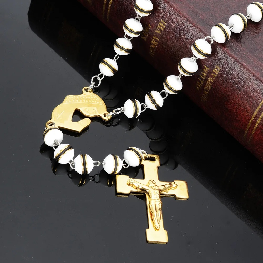 Elegant white rosary with cross of Jesus necklace customized charm beaded necklaces