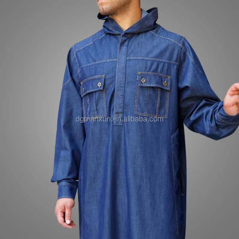 Wholesale Hot selling Muslim Men's Thobe Hooded Denim Abaya (4).jpg