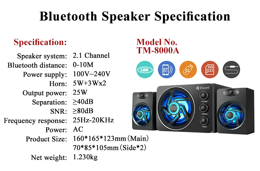 Kisonli High Quality Multimedia Digital USB PC Speaker System Bluetooths AC Powered 2.1 - ANKUX.COM