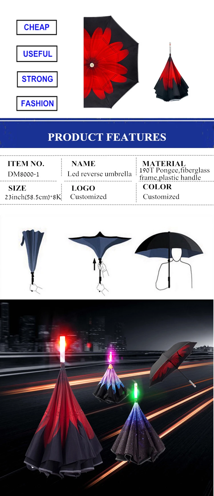 reversible umbrella with led light