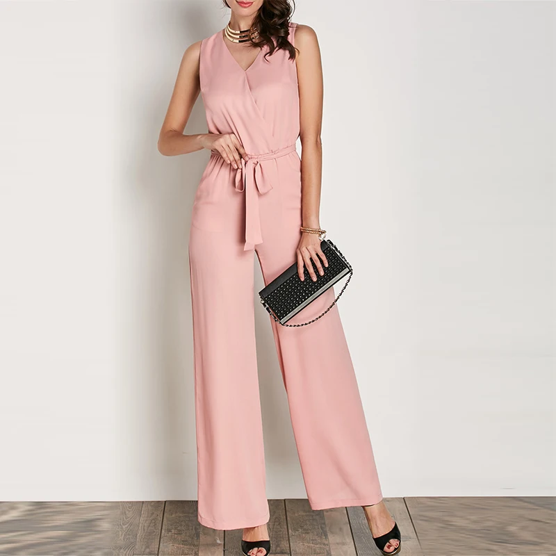 Sexy Women Sleeveless Fashion Design Pink Jumpsuit