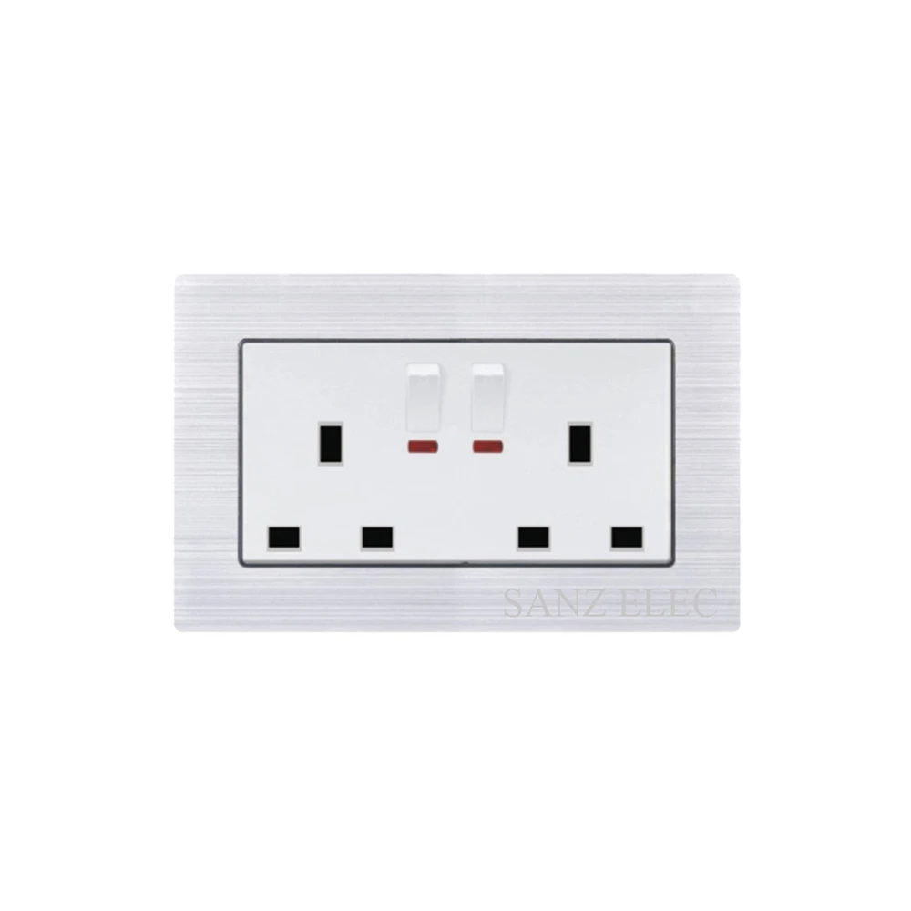 13A 2 Gang Square BS UK Standard Wall Switch Socket With Two Led Lights