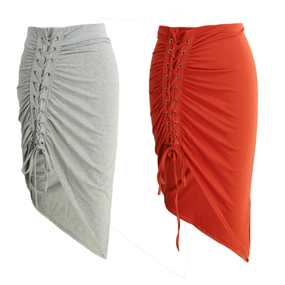 Novas Mulheres Sexy Bodycon Lace-Up Skirt Side Dividir Asymmetric Hem Cintura Elástica Saia Curta Sólida Vermelho/Cinza