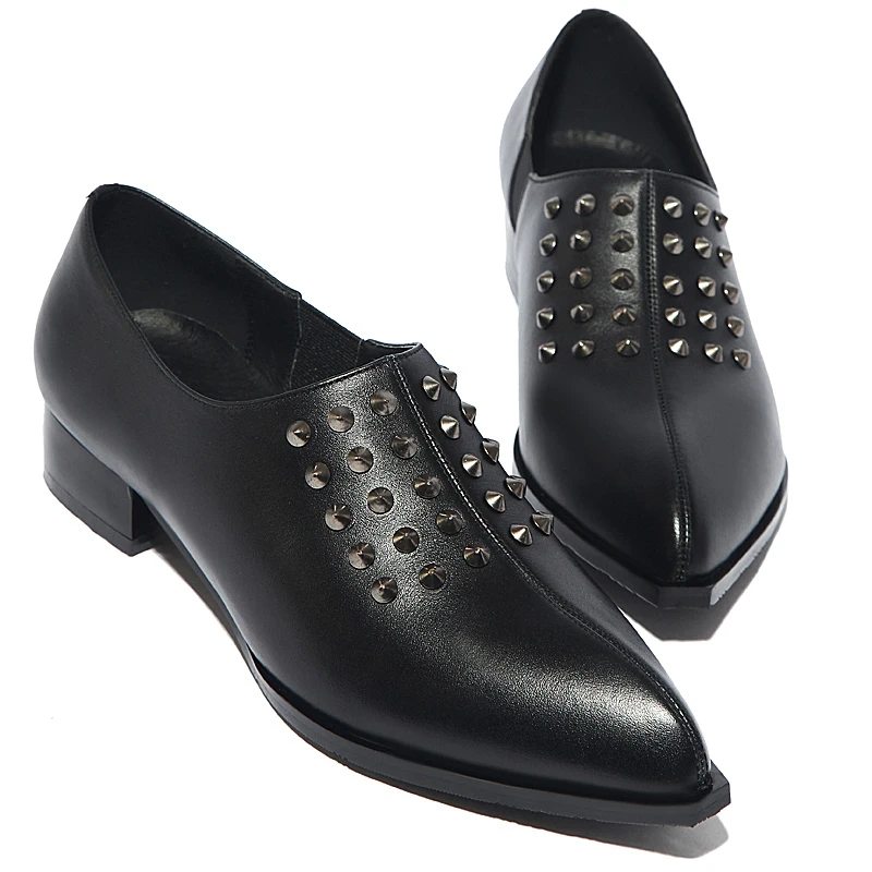 2015Women Genuine Leather Flats Silp-on Loafers Pointed Toe Punk Rivets Women's Shoes OL Casual Shoes High Quality Free Shipping