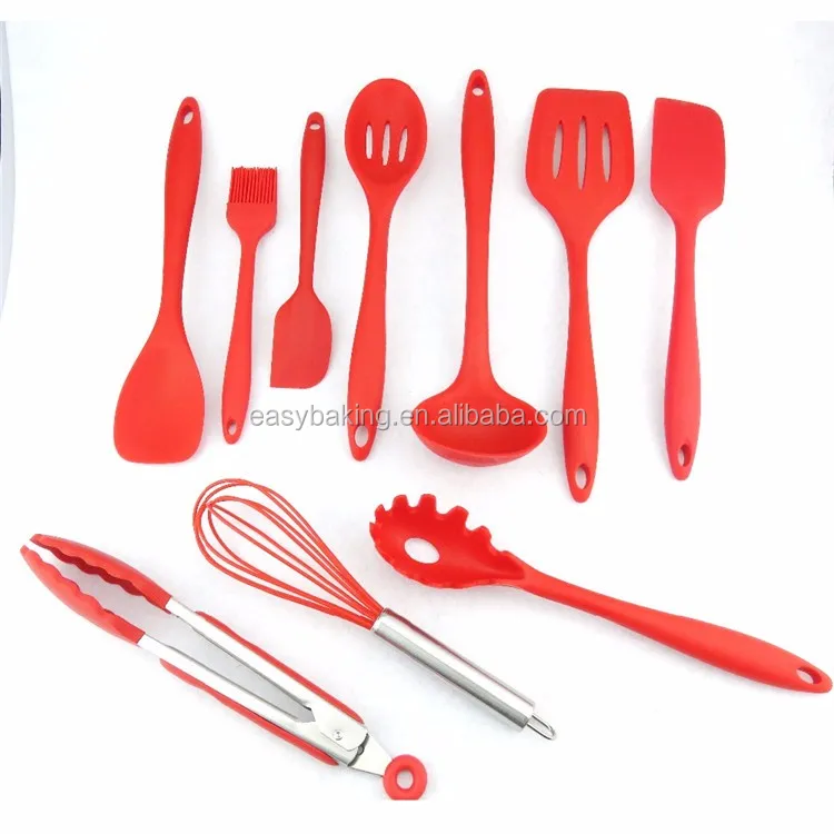 Utensilios de cocina de silicona, juego de utensilios de cocina de 10 piezas, espátula, cuchara, cucharón, servidor de espaguetis, .jpg