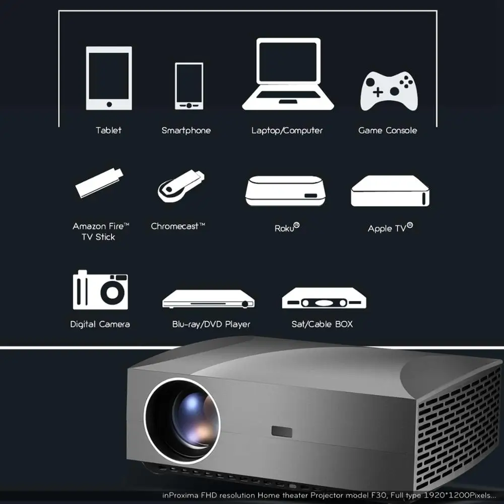 inProxima F30UP New Cheap Android Multimedia Projector Led 4200lumen,1080p support 4k
inProxima F30UP New Cheap Android Multimedia Projector Led 4200lumen,1080p support 4k