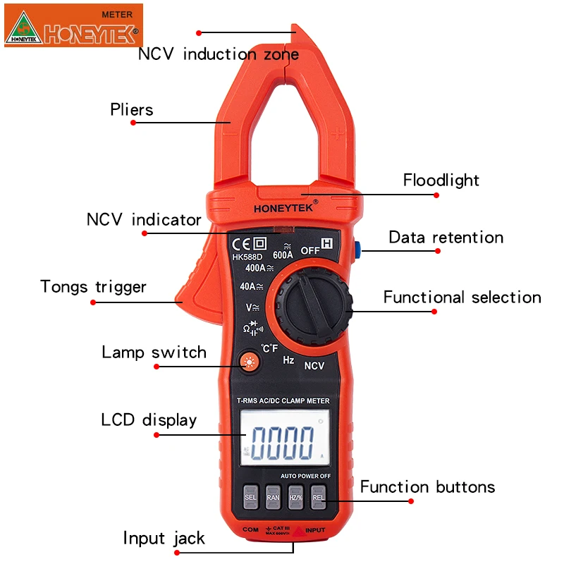 HK588D digital clamp multimeter multimetro display true RMS for accurate AC voltage current Overload protection temperature