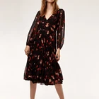 Hot Sale long Sleeve V Neck Wrap Belted Maxi Chiffon Dress with floral printed