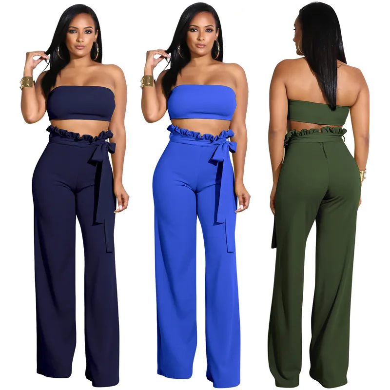 

YQ272 Women Sexy Casual Wear dress Plain Tube Tops with Long Wide Leg Palazzo Pants Two Piece Set Outfit, As shown