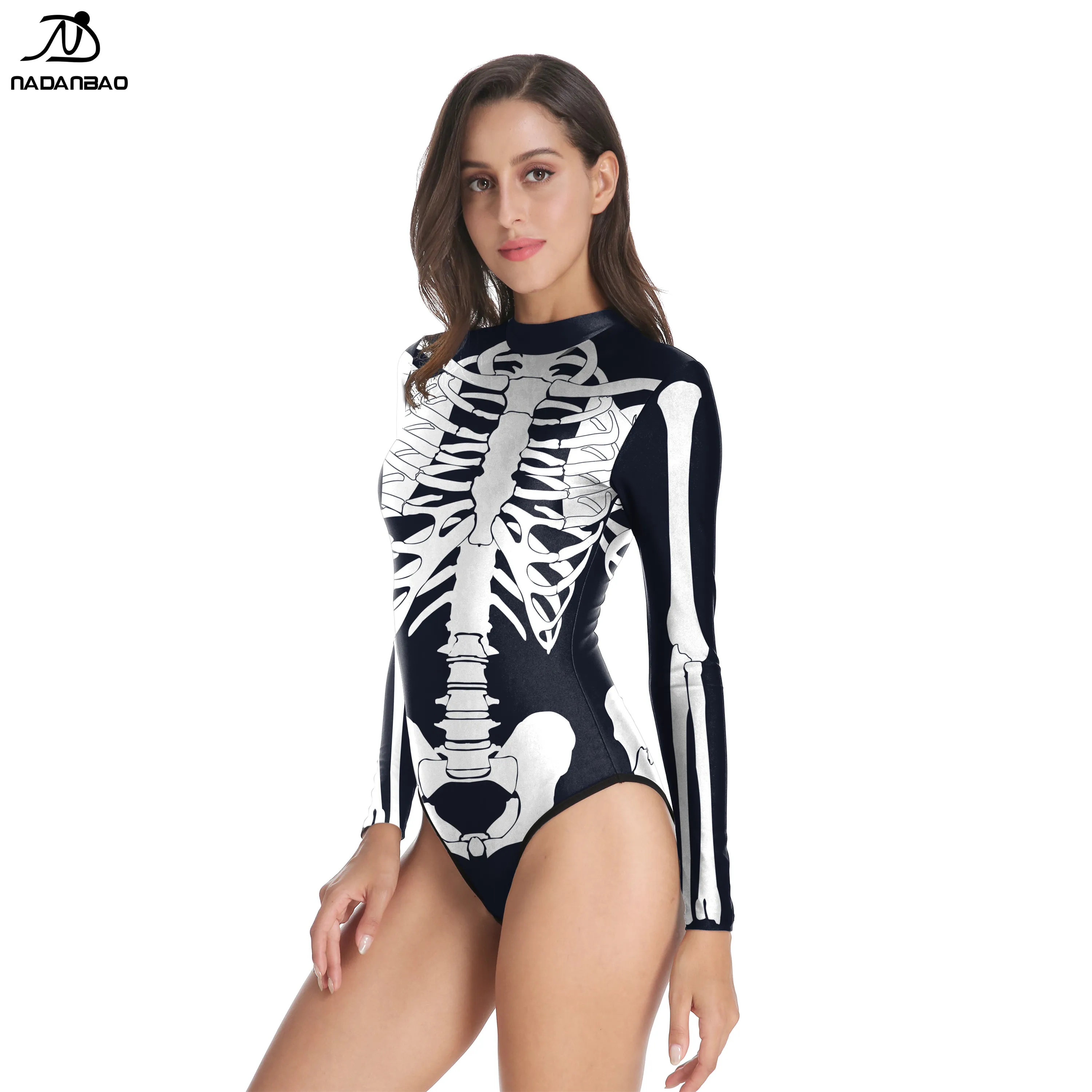 NADANBAO Brand 2019 hot sale women skeleton printed long sleeve swimwear wholesale one piece swimsuit, Black 
NADANBAO Brand 2019 hot sale women skeleton printed long sleeve swimwear wholesale one piece swimsuit, Black