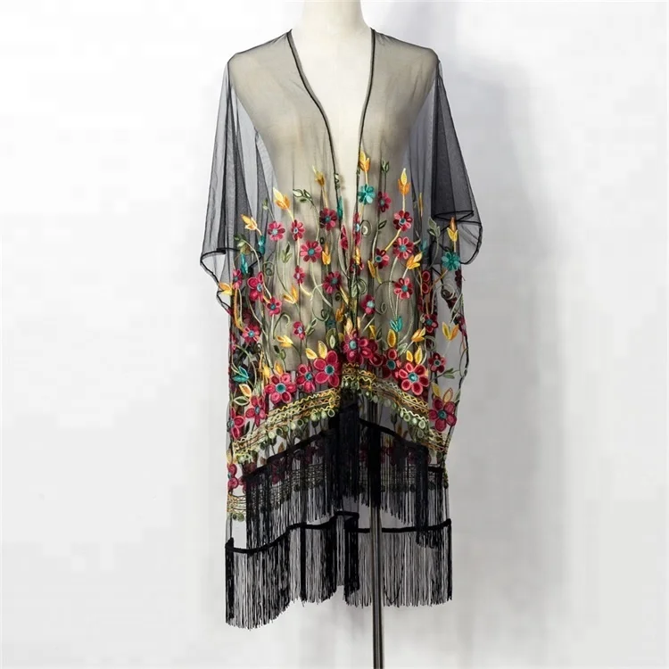 In Stock Women Lace Tops Embroidery Floral Kimono, Blue/brown 
In Stock Women Lace Tops Embroidery Floral Kimono, Blue/brown
