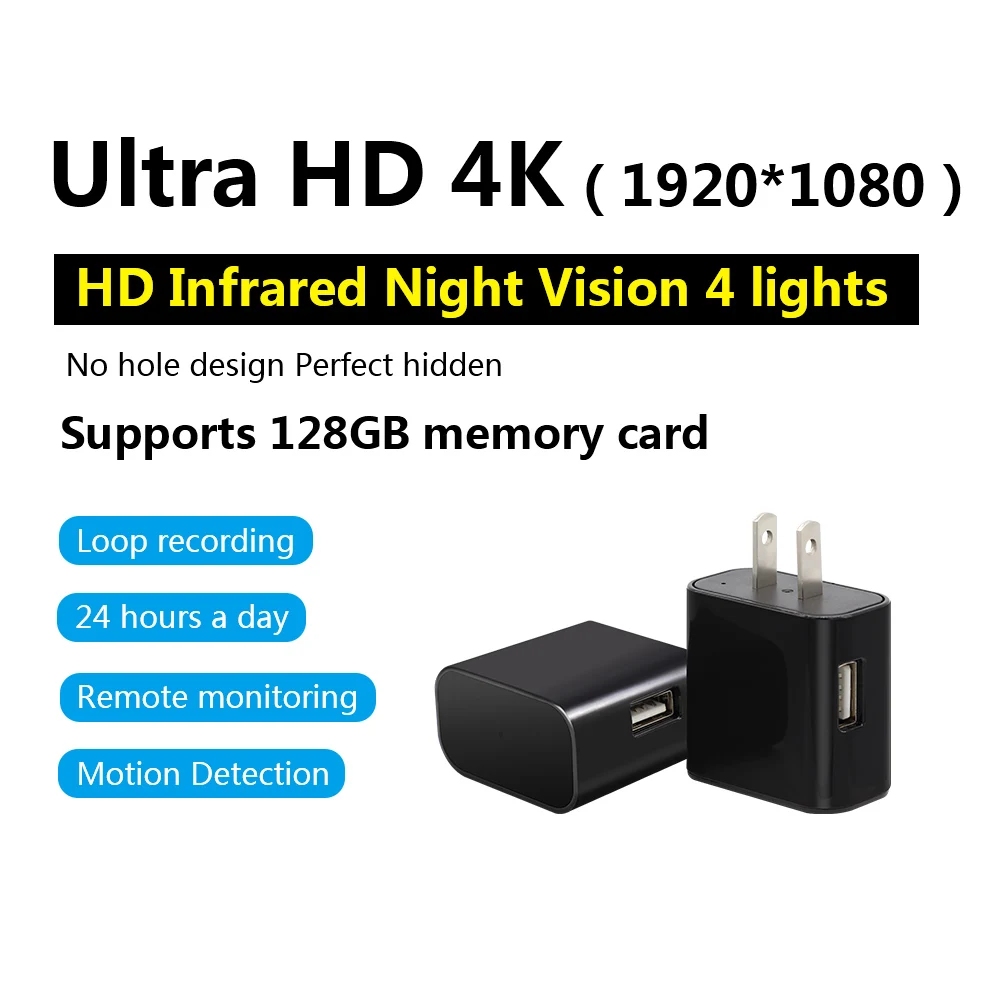 4K IR night vision Wifi IP camera Wall USB Charger Hidden Camera motion detection