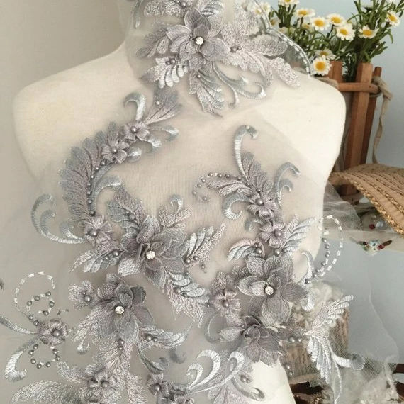 Изысканный жемчуг бисером 3D кружево Аппликация набор, металлик серебро нитки аппликация для танцевальные костюмы лирические Свадебные Аппликация