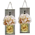 Handcrafted Wood Plaque with Led Fairy Lights Hanging in Mason Jar Sconces Wall Decor