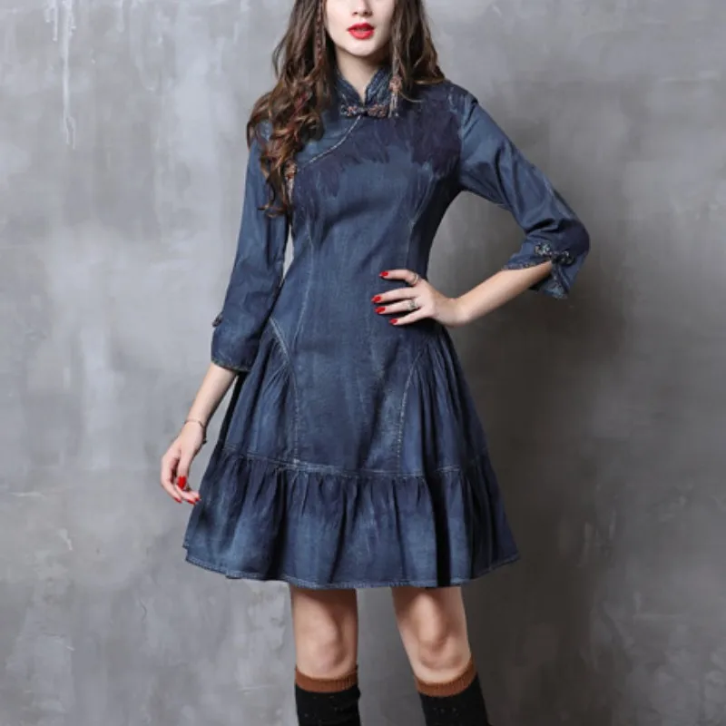Slim Fit And Flare Cheongsam Dress Jeans Women Clothes Autumn Vintage Ruffled Denim Dress Ethnic Style E82111
Slim Fit And Flare Cheongsam Dress Jeans Women Clothes Autumn Vintage Ruffled Denim Dress Ethnic Style E82111