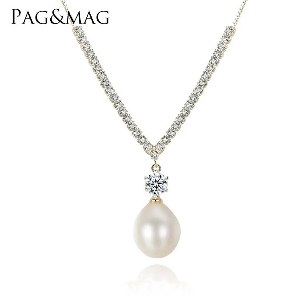 

PAG&MAG 925 Sterling Silver Pendant Necklace Paved AAA+ Zircon Party Jewelry freshwater pearl pendant necklace