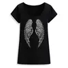 Wholesale Custom T-shirt 95 % Cotton Printing Wings Rhinestone Design Black Round Neck T Shirt Women