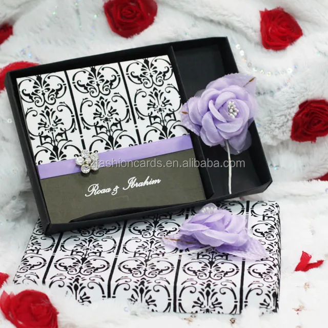 white and black purple ribbon box wedding invitation card