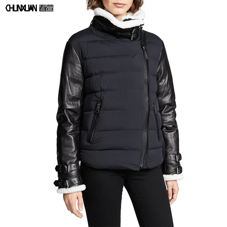 Высокое качество для женщин теплый искусственный мех Fux Shearling Воротник кожаный рукав женщина ватные подпушка перо куртка пальто